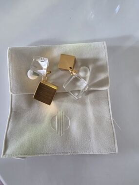 Gold and Clear Geometric Drop Earrings - Modern Square Design